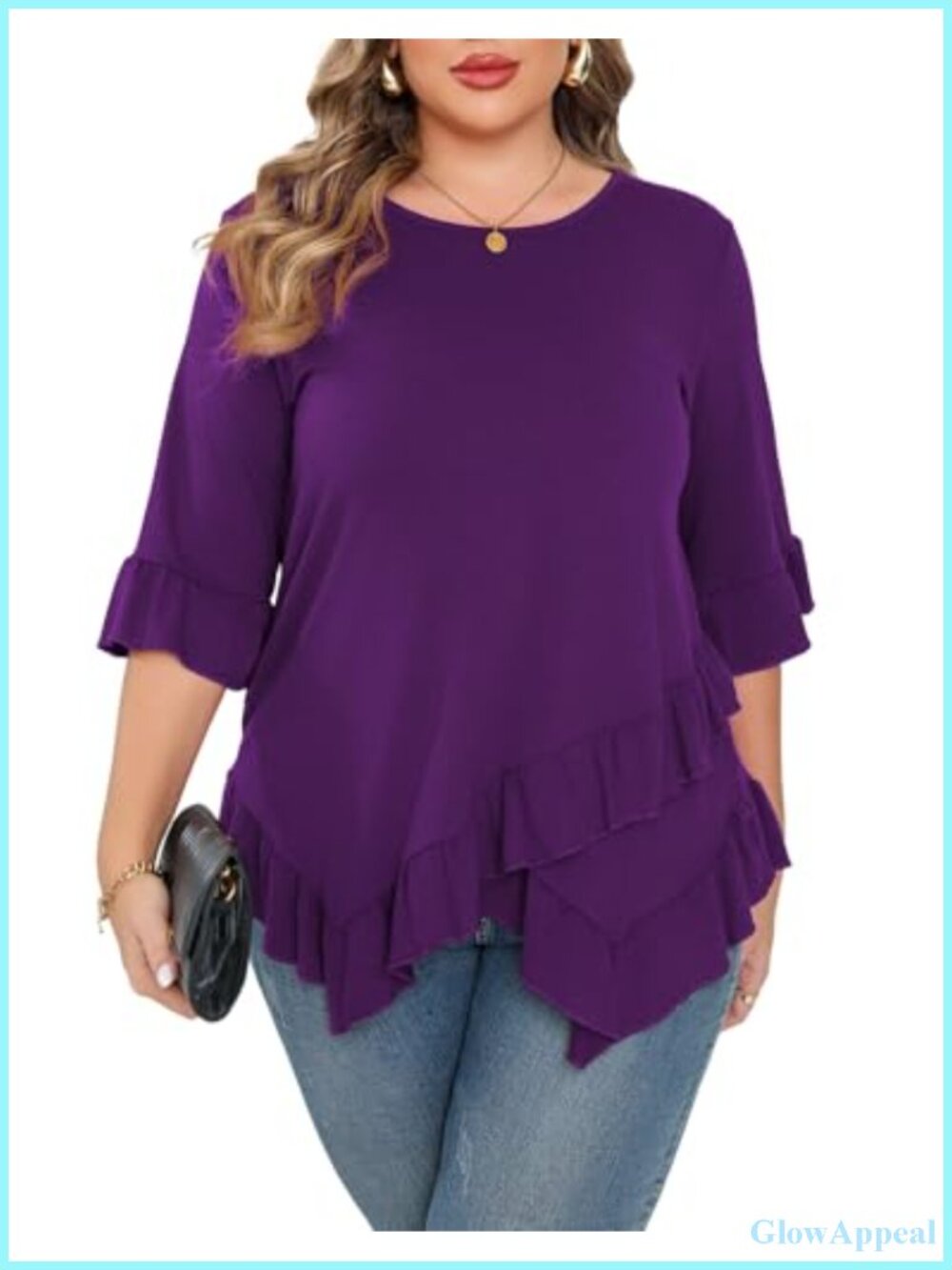 Women's Plus Size Ruffle Sleeve Tunic Blouse 3/4 Sleeve Lightweight Soft